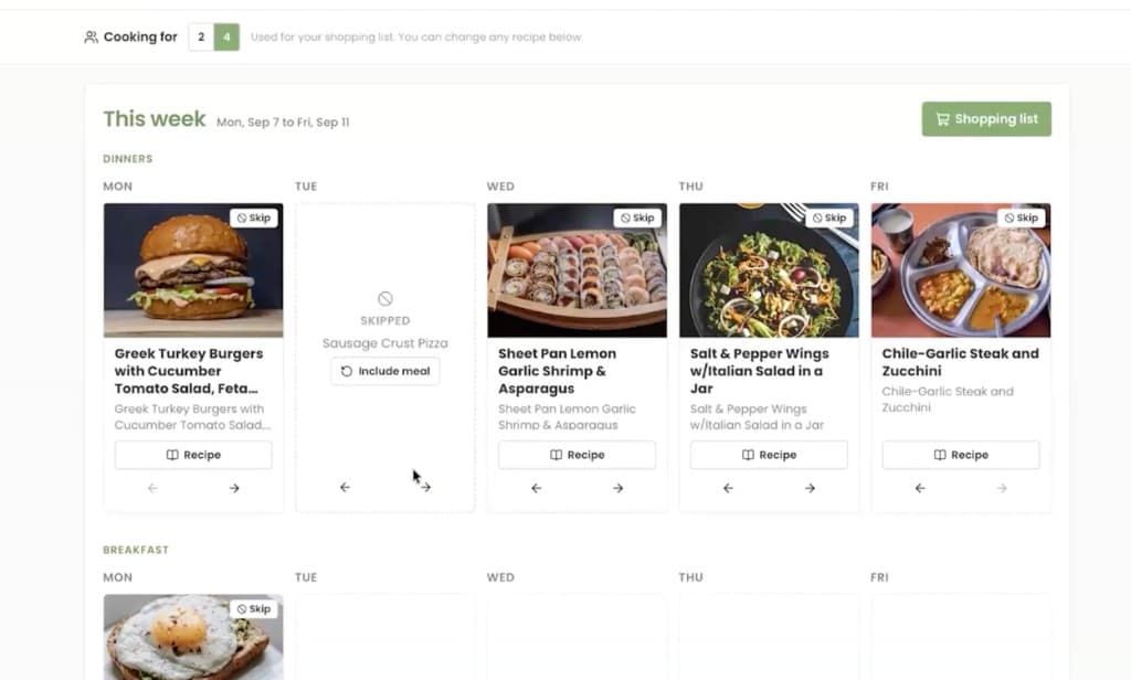 Meal plan app weekly view with five dinners, each with skip and recipe buttons, and a shopping list button