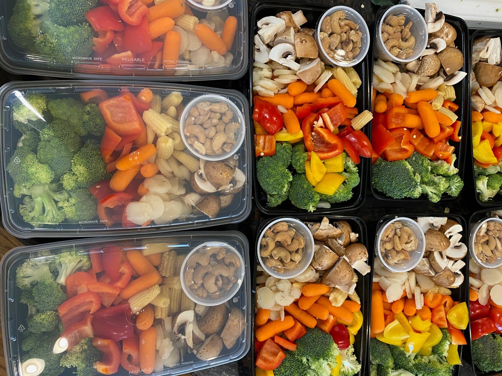 Prepped stir-fry kits with vegetables and cashews